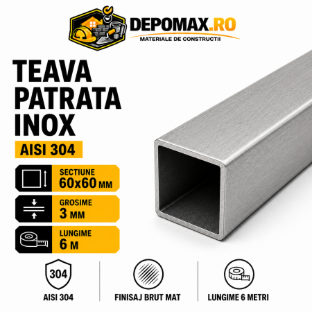 Teava patrata inox AISI 304, 60 x 60 x 3 mm, 6 metri